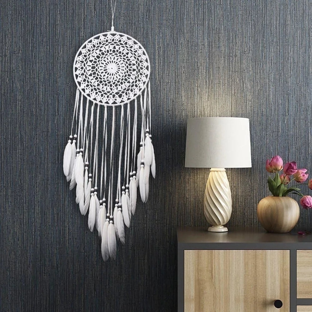 Handmade White Feather Dream Catcher – Boho Wall Hanging Home Decor