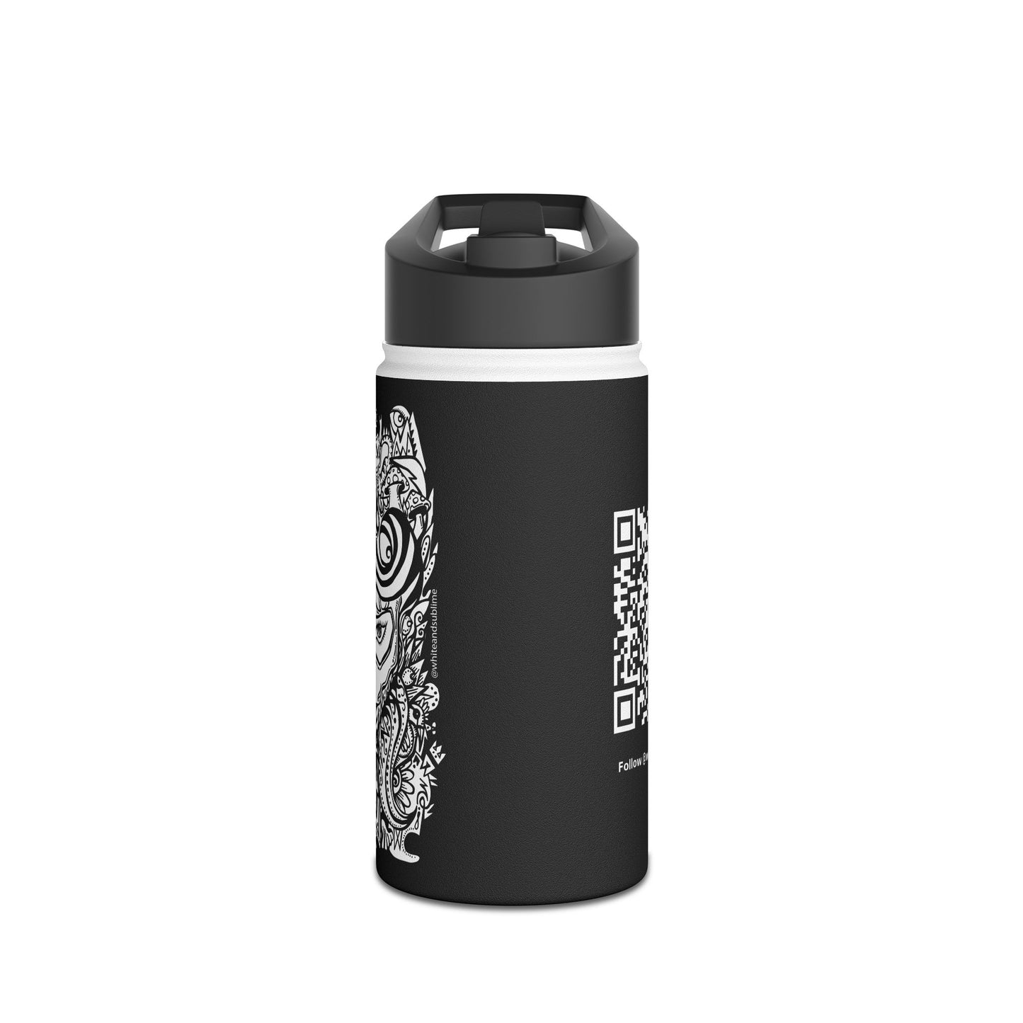 White & Sublime Stainless Steel Bottle | Artistic Hydration, QR Follow Design
