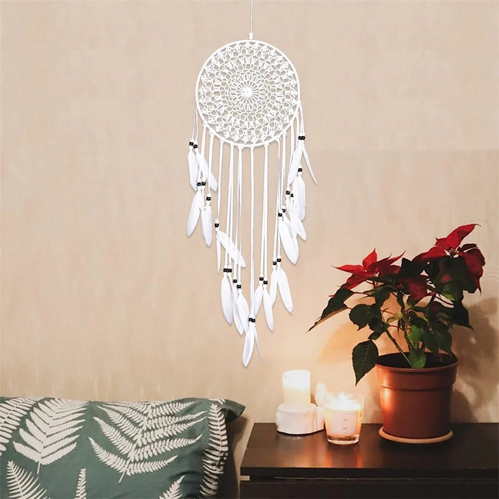 Handmade White Feather Dream Catcher – Boho Wall Hanging Home Decor
