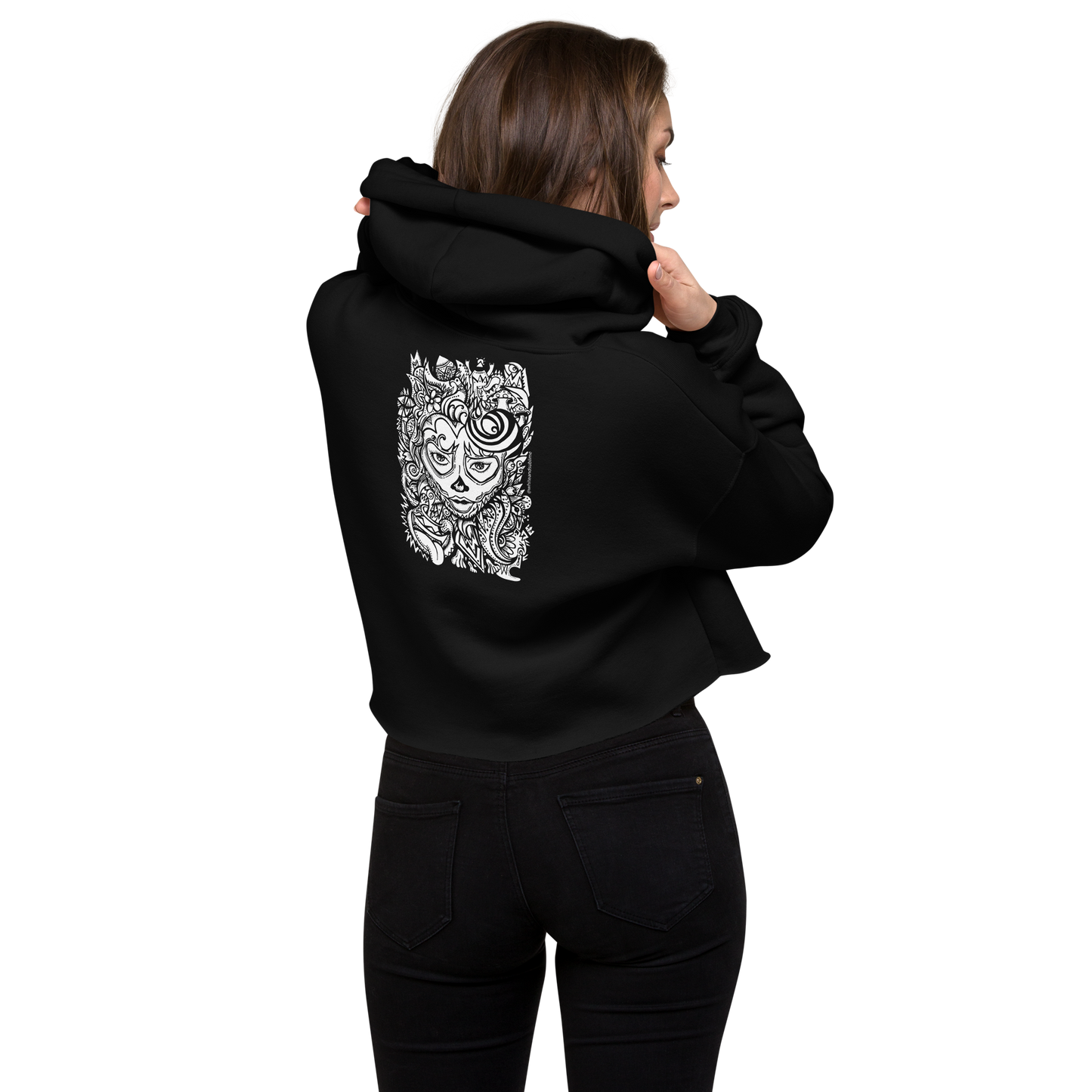 White & Sublime Cropped Hoodie – Line-Art Back Graphic | Bella+Canvas 7502