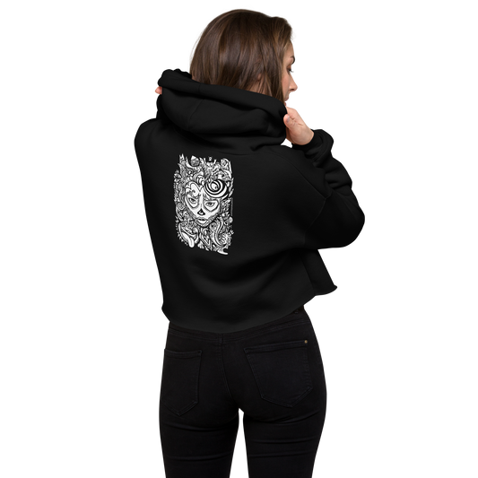 White & Sublime Cropped Hoodie – Line-Art Back Graphic | Bella+Canvas 7502